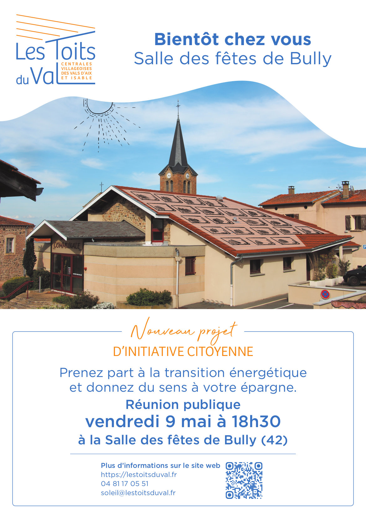 Affiche pour la réunion publique autour de la création d&rsquo;une toiture photovoltaique à Bully